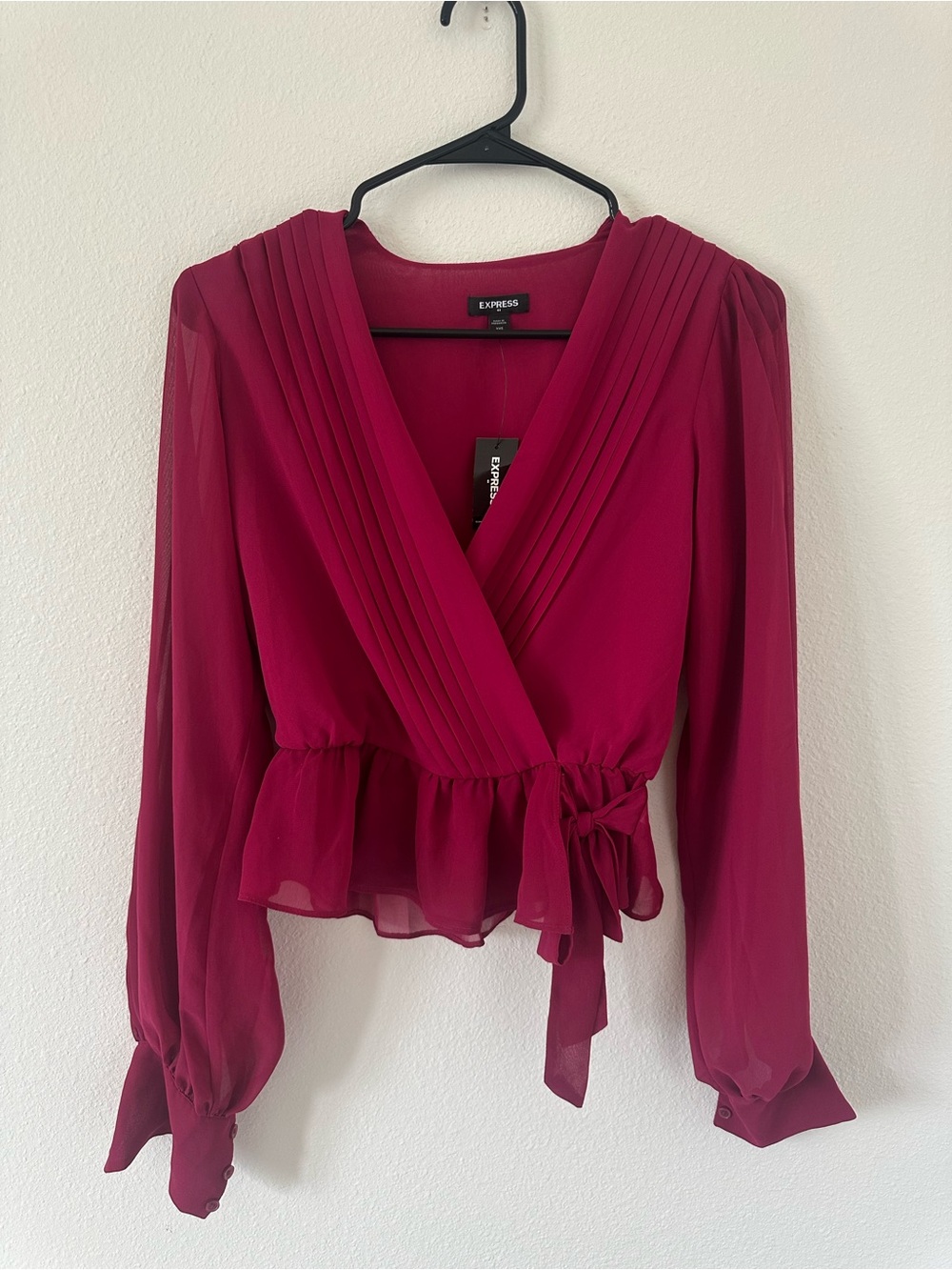NWT Express Women's Red Pink Merlot Sheer Faux Wrap Peplum Going Out Top Blouse